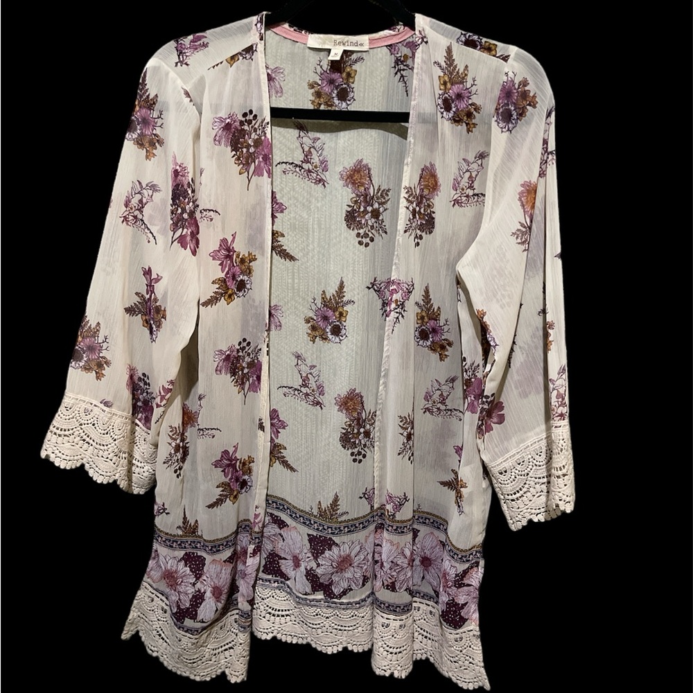 Rewind Size Medium Kimono Cardigan sheer with crocheted lace trim EUC